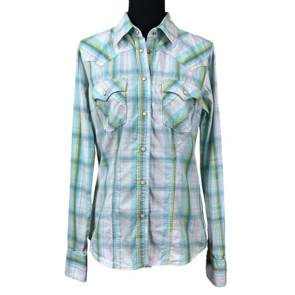 True Religion Turquoise Yellow Cowgirl Western Pearl Front Shirt Blouse Size M - Picture 1 of 9